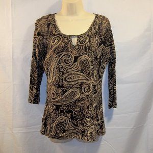 Liz Claiborne Petite Womens Top Blouse Size PL Keyhole Lined Geometric Black Tan